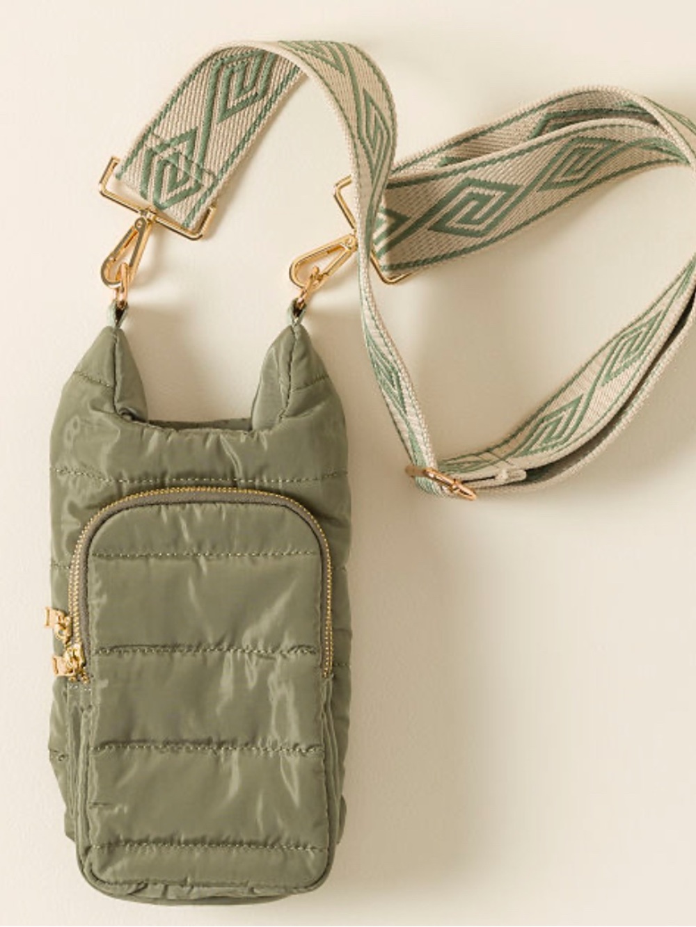 Wanderfull Olive Quilted Crossbody Bag with Patterned Strap used for water botte